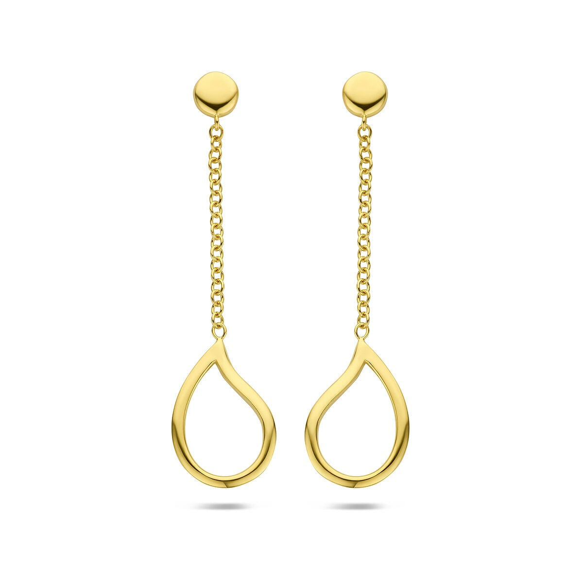 Pendientes largos de oro amarillo en forma de gota, con cadena y acabado pulido.