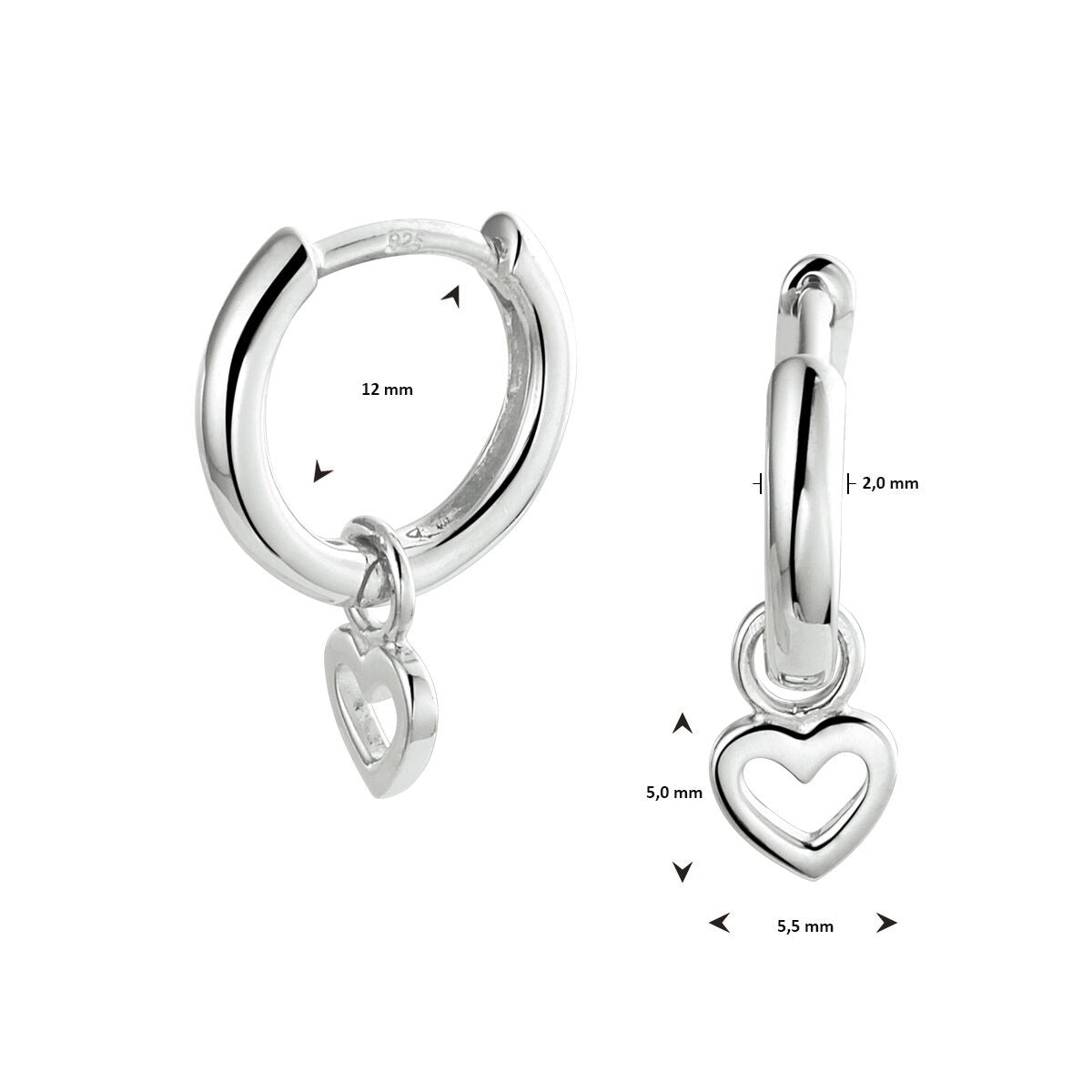 Pendientes infantiles de plata con colgante de corazones