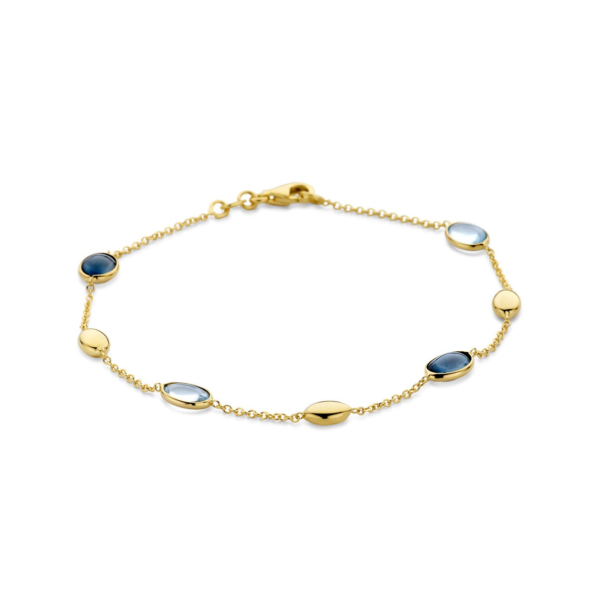 Pulsera de oro amarillo de 14k con topacios azul cielo y azul Londres, con eslabones ovalados.