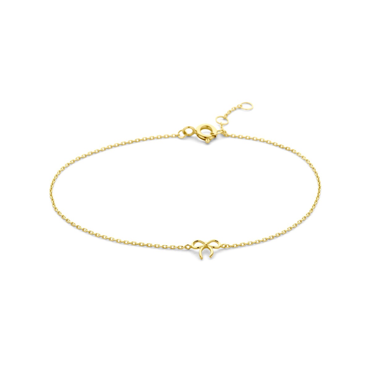 Pulsera de 9 quilates en color dorado con un diseño de lazo en el centro.