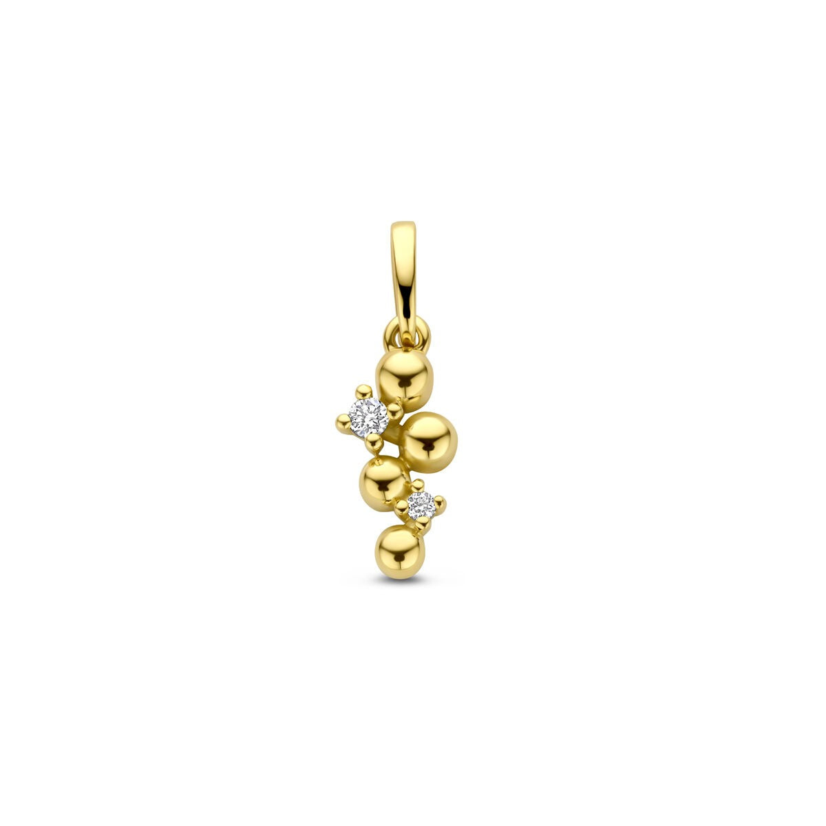 Colgante de oro amarillo de 14k con diamantes, con forma orgánica y esferas brillantes.