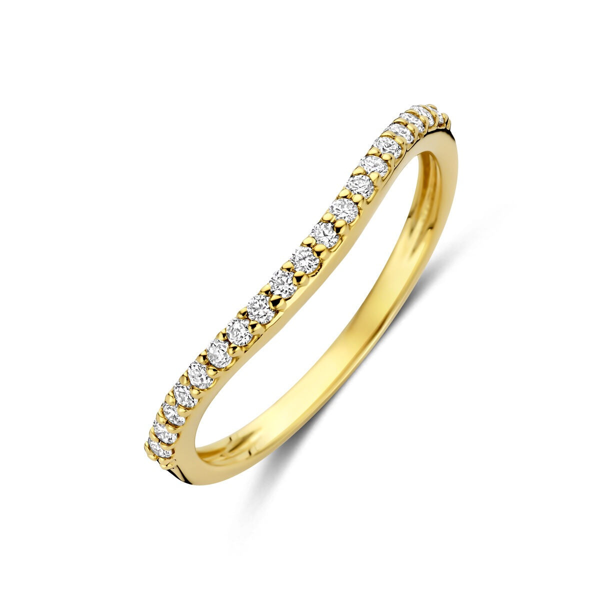 Anillo de oro amarillo de 14k con diamantes lab-grown en un diseño ondulado.