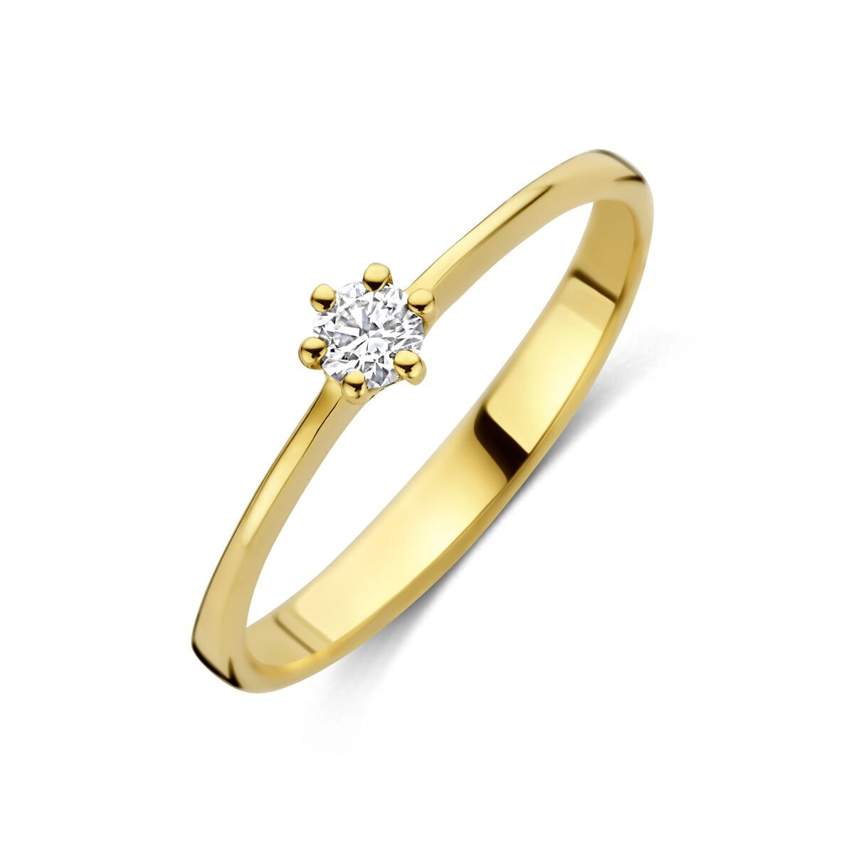 Anillo de oro amarillo de 14k con diamante cultivado en laboratorio, diseño sencillo y brillante.
