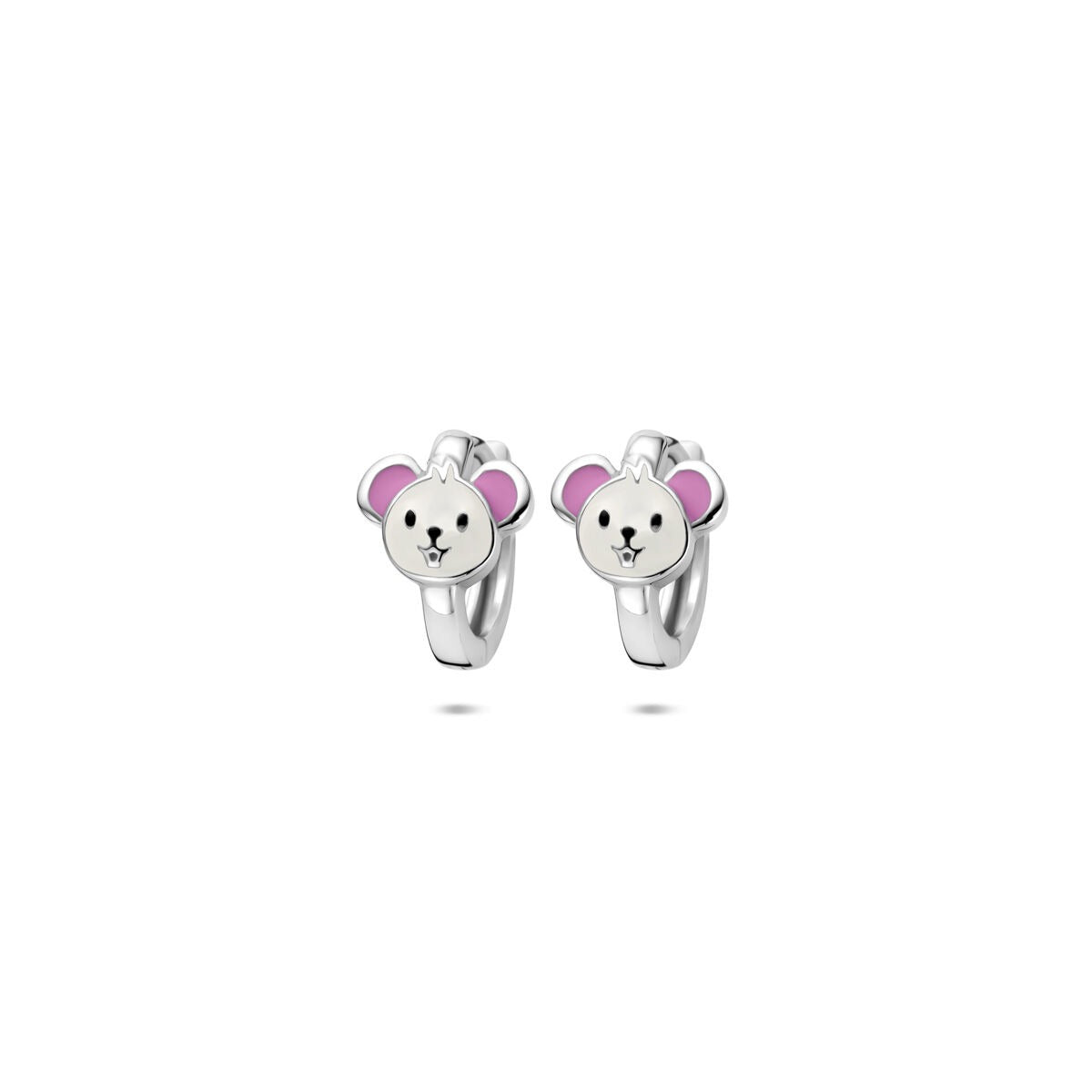 Pendientes de aro plateados para niños con diseño de ratón esmaltado en colores rosa y blanco, 10 x 8 mm.