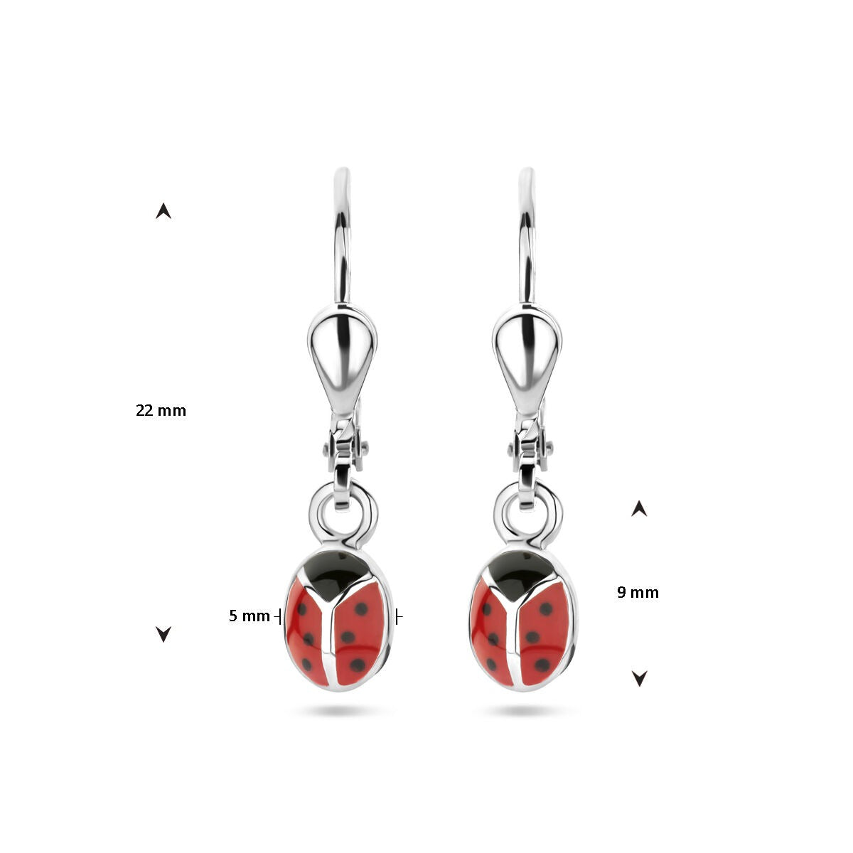 Pendientes infantiles de plata con diseño de mariquita – rodiados con esmalte