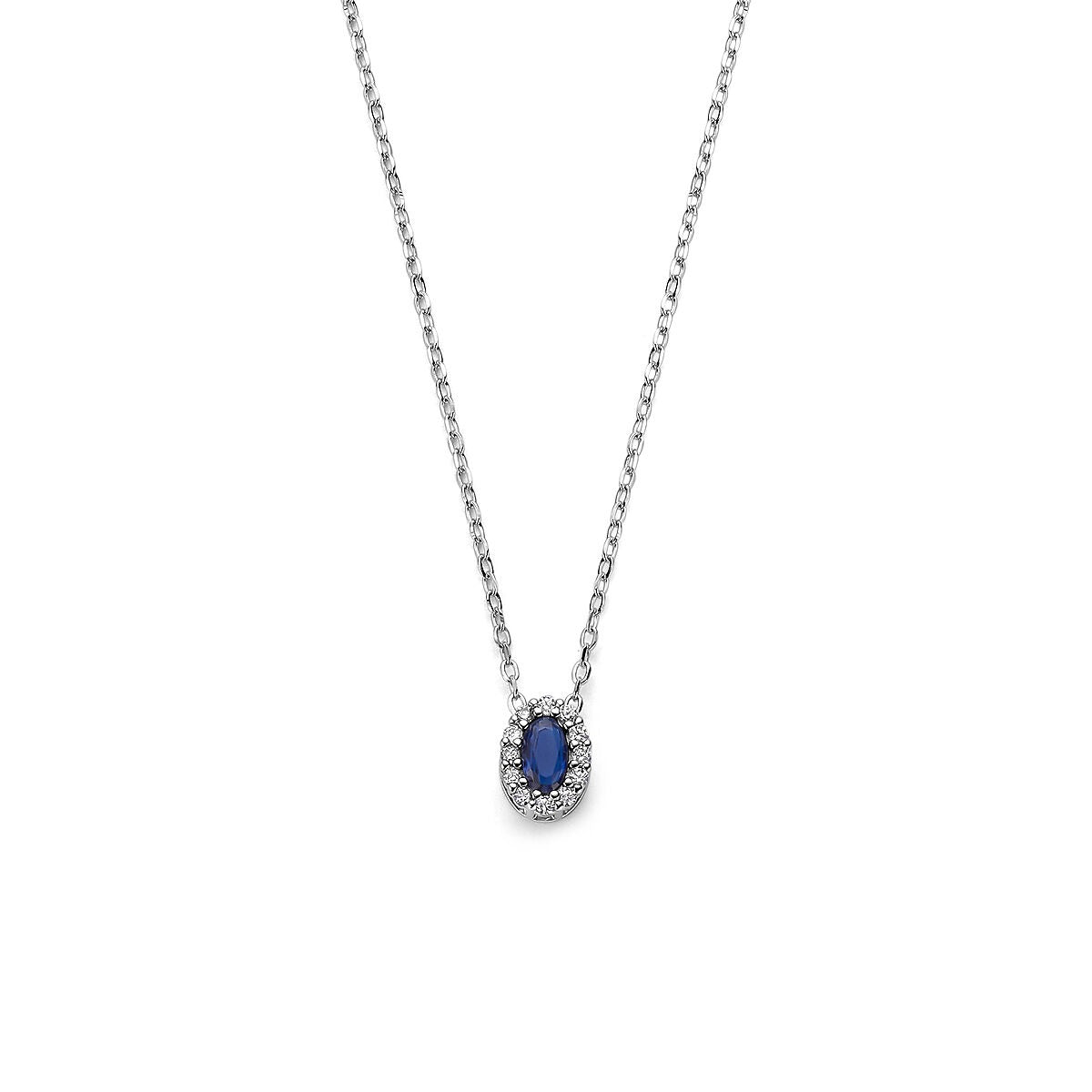 Cadena de plata rodiada con zafiro y circonitas, con colgante ovalado.