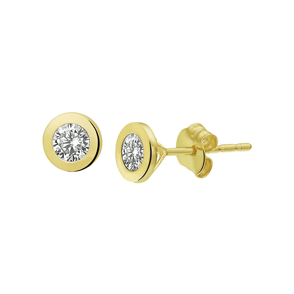Pendientes de oro amarillo de 9 quilates con circonitas, en forma redonda y con un acabado brillante.