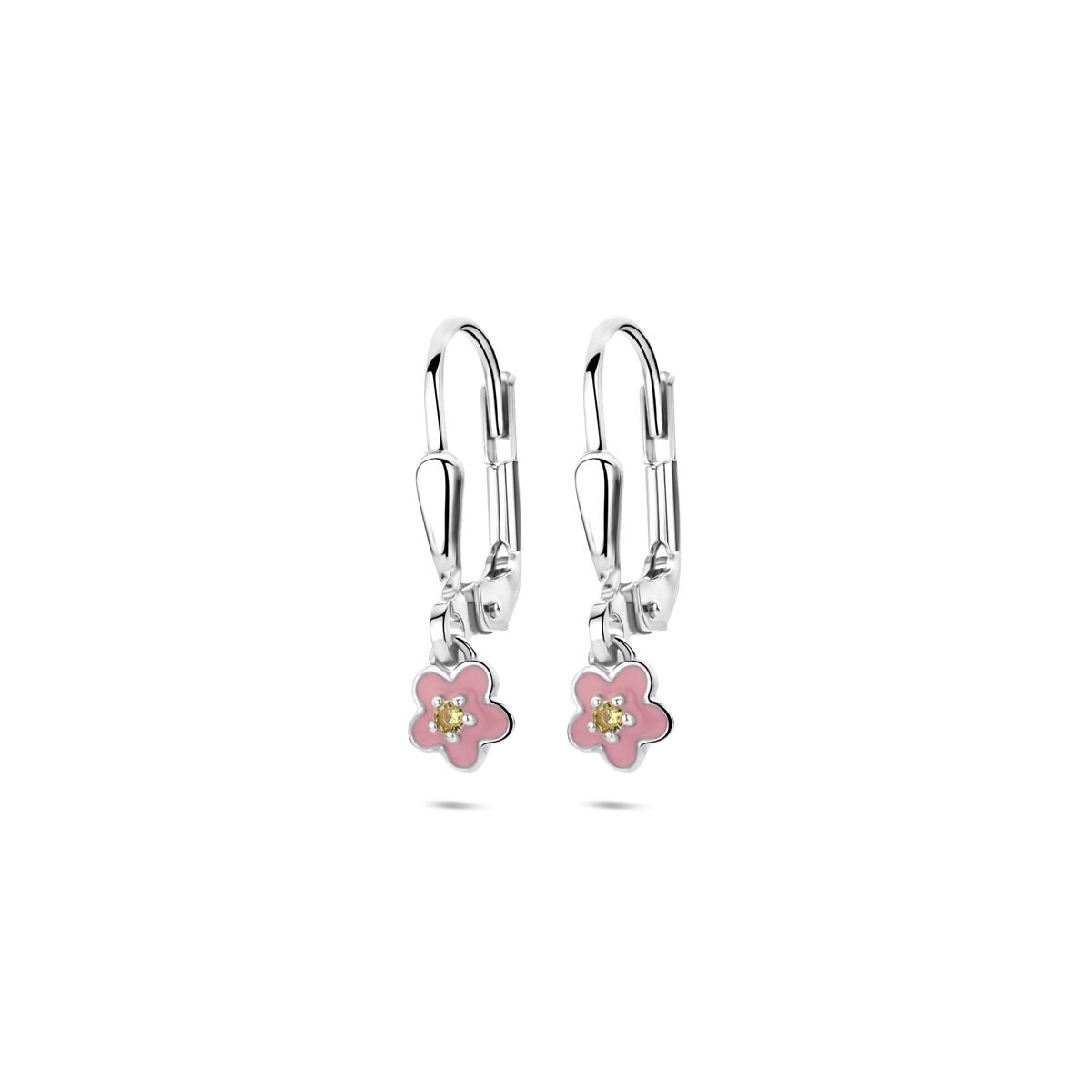 Pendientes largos de plata con flor de esmalte rosa y circonitas amarillas, de 19 mm.