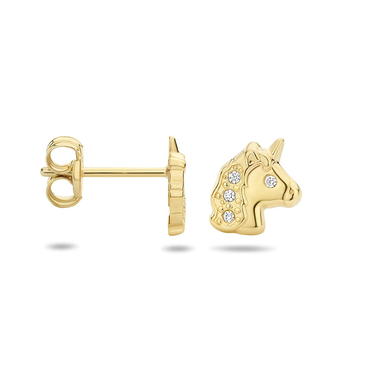 Pendientes infantiles de oro amarillo con circonitas - detalle animal