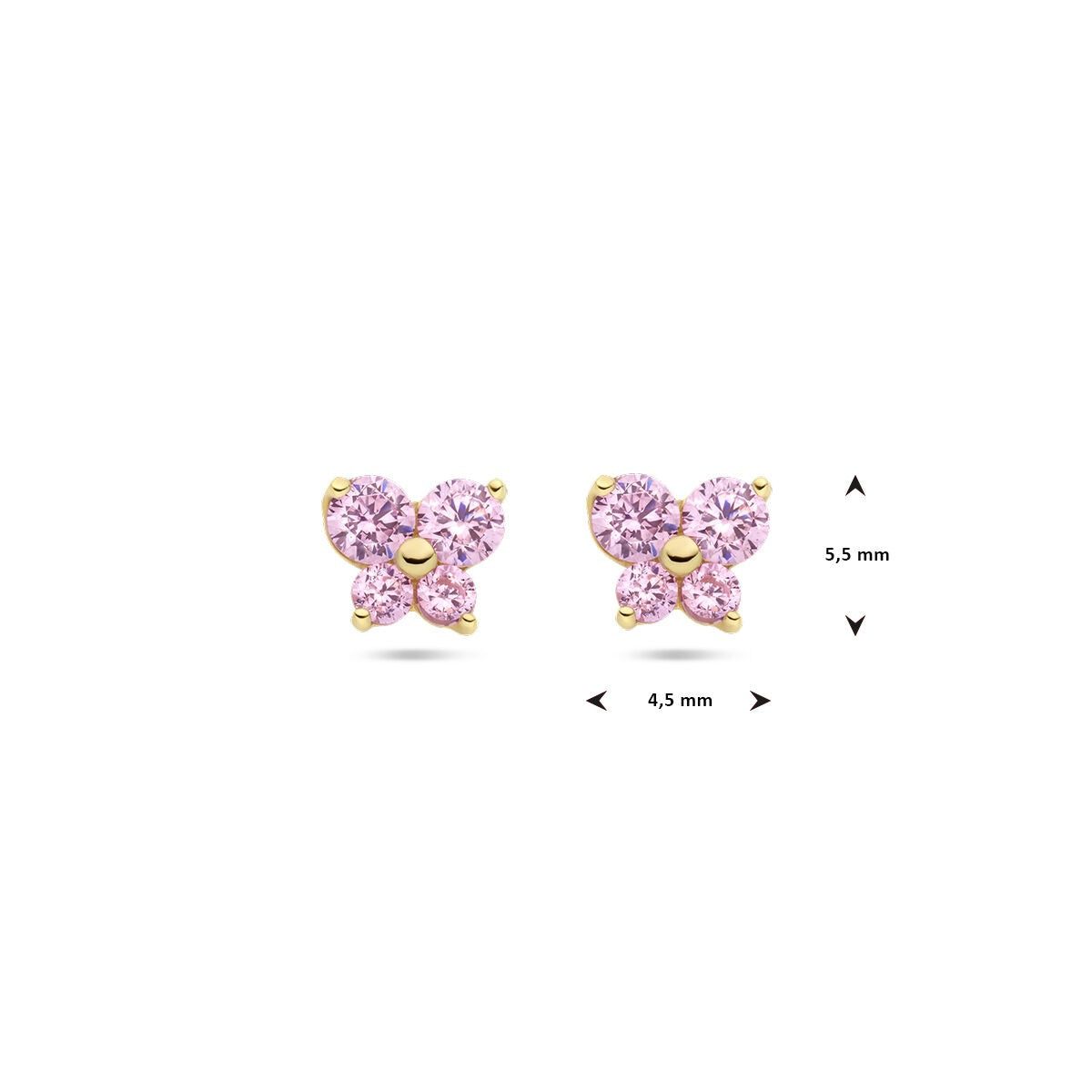 pendientes de botón de oro amarillo con mariposa y circonita rosa