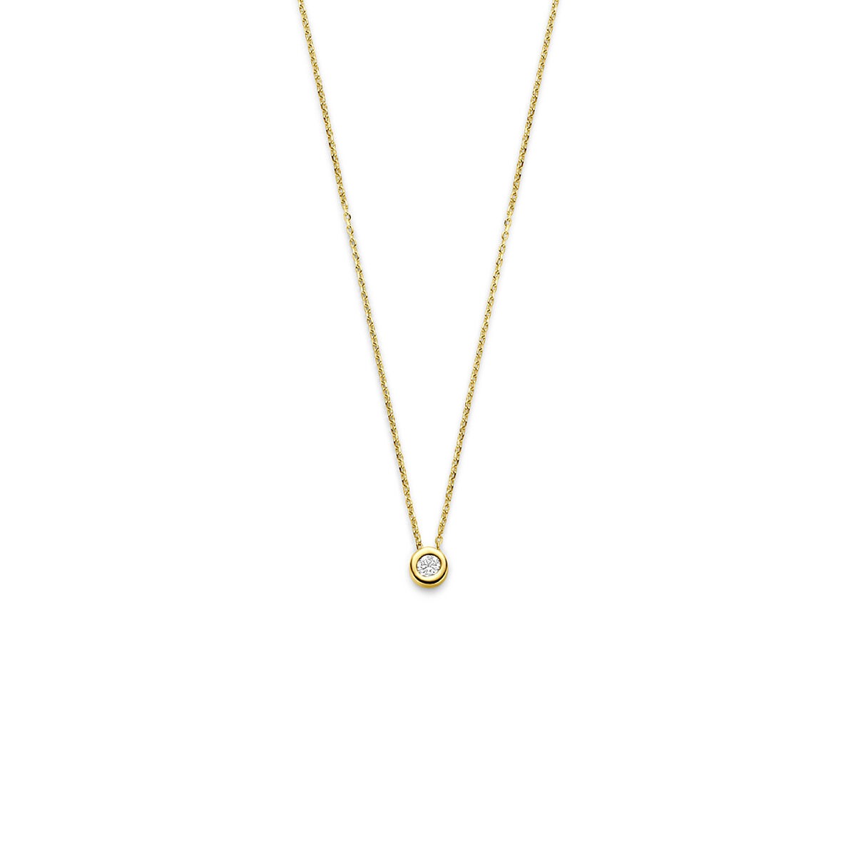 Collar dorado de 14k con zircón, cadena fina y colgante redondo.