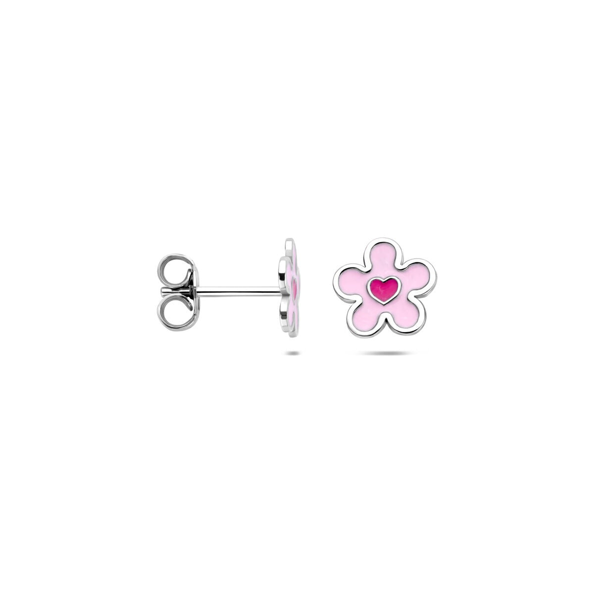 Pendientes de botón de plata rodiada con flor y corazón