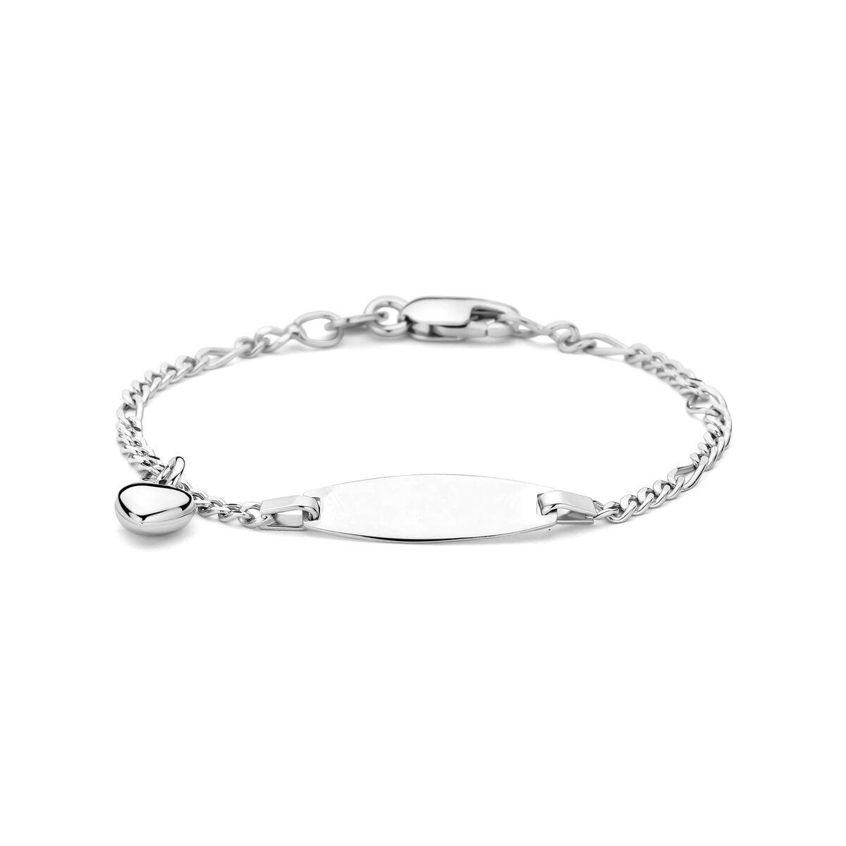 Pulsera de grabado infantil plateada con un corazón, acabado en rodio.