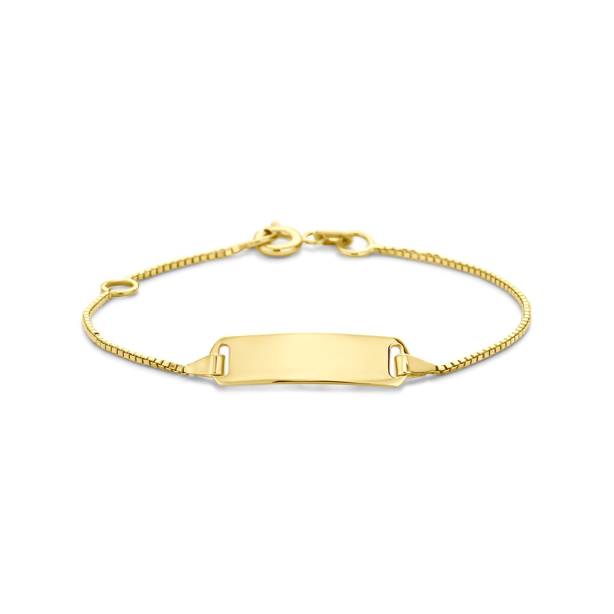 Pulsera de grabado en oro amarillo de 14k con una placa lisa y cadena delicada.