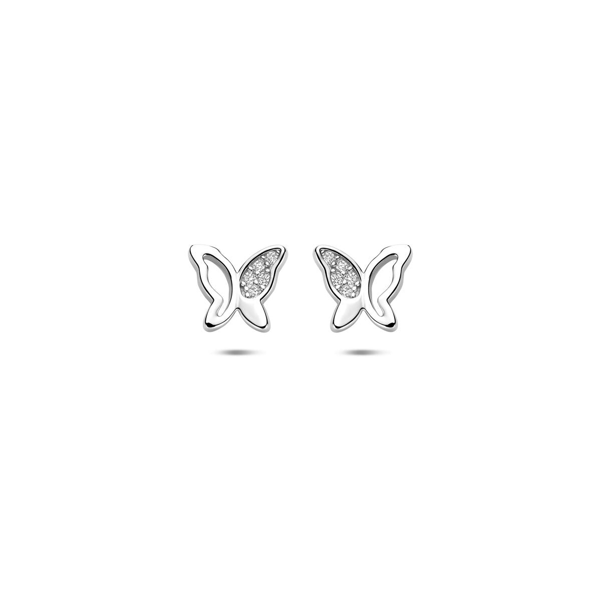 Pendientes de mariposa plateados con circonitas, de 6.5 x 7.5 mm.