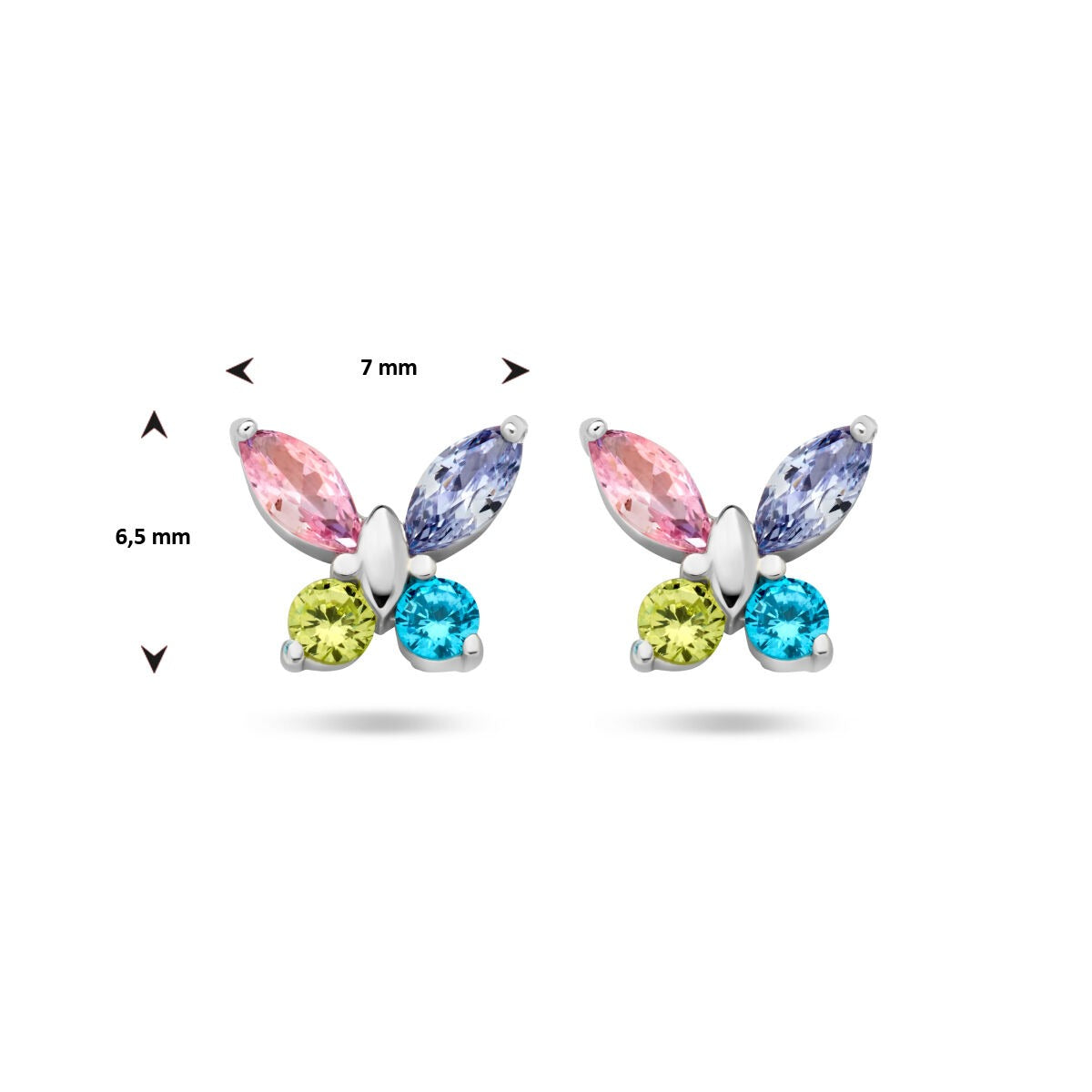 Pendientes de botón de plata con mariposa y circonitas de colores – alegre joya infantil
