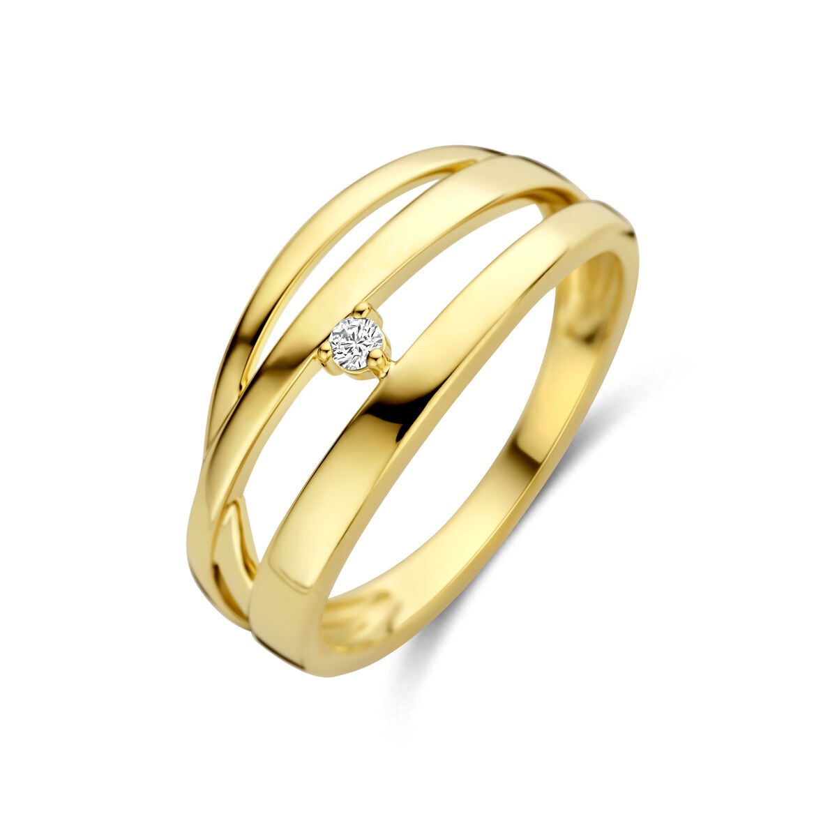 Anillo de dama en oro amarillo de 14k con un diamante brillante en el centro.