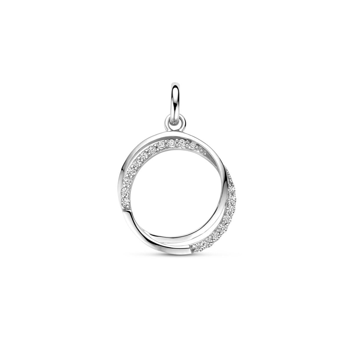 Colgante de plata rodiada con zircóns en un diseño circular.
