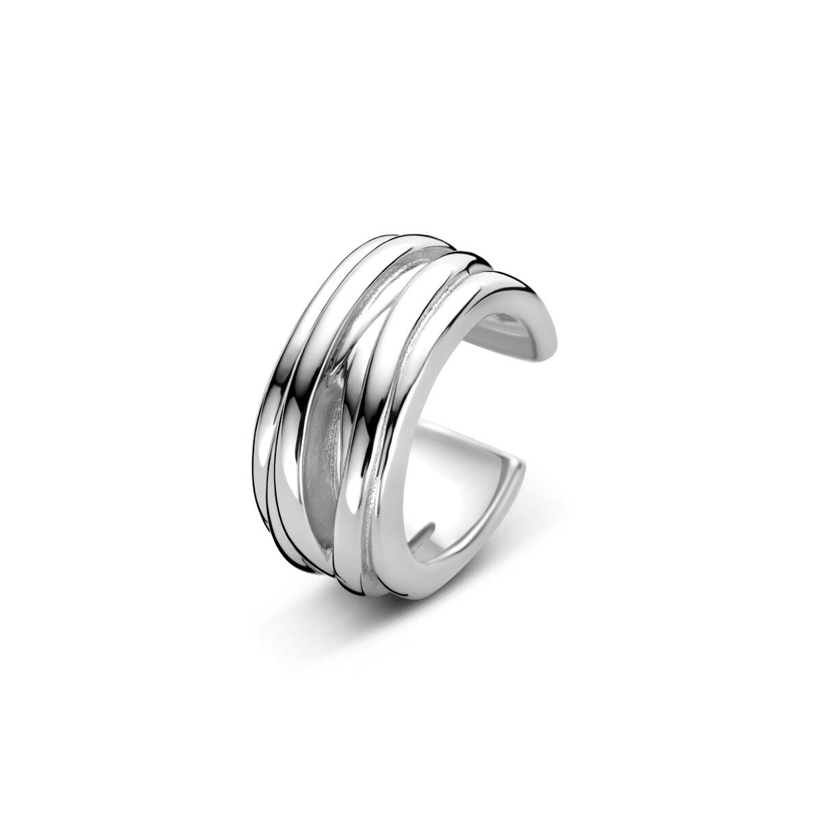 Ear cuff de plata rhodium con tres bandas brillantes y diseño moderno.