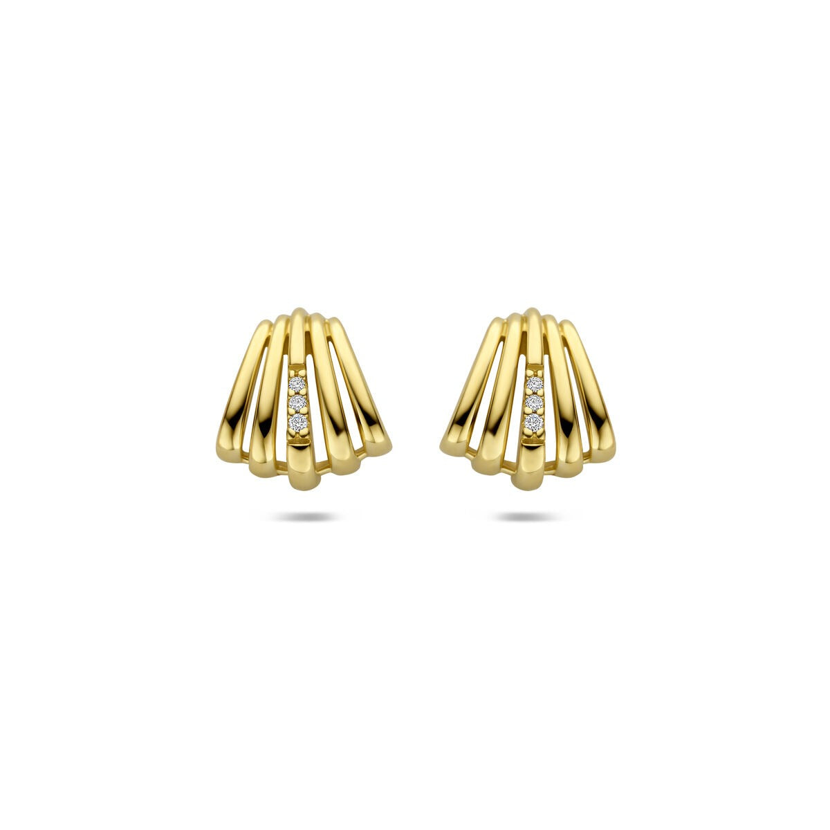 Pendientes de aro de oro amarillo de 14k con diamantes, diseño en forma de abanico.