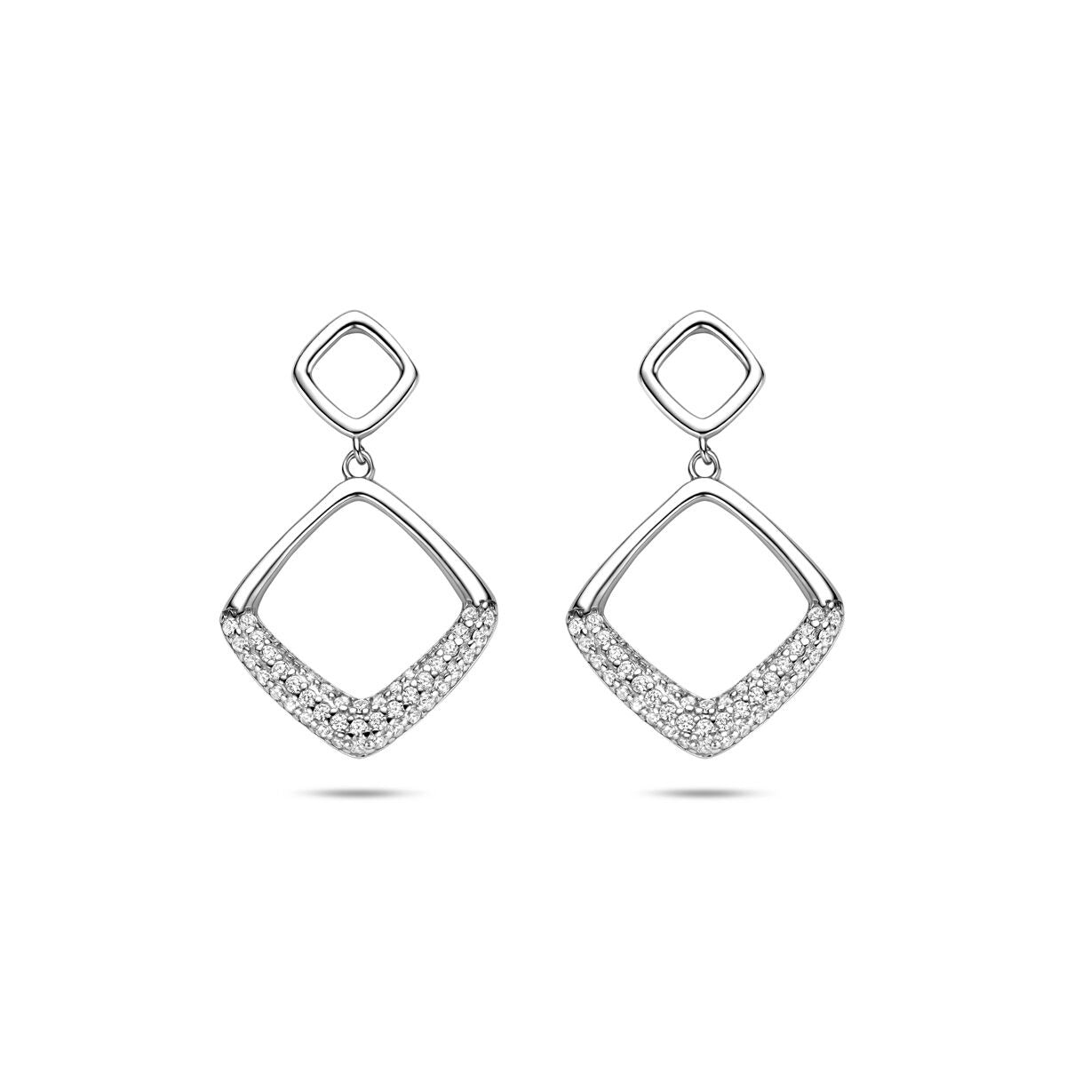 Pendientes largos de plata con circonitas, acabado en rodio, en forma de rombo.