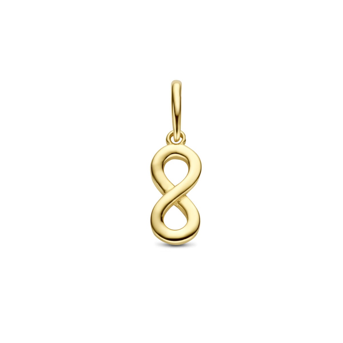 Colgante de infinito en color dorado, fabricado en oro de 9 quilates, con forma fluida y elegante.