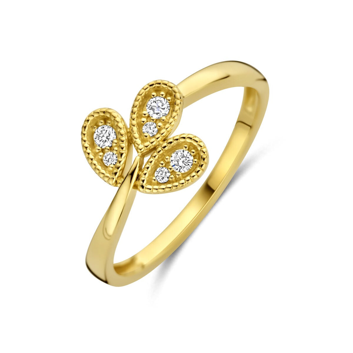 Anillo de dama en oro amarillo de 14k con diseño de hojas y diamantes brillantes.