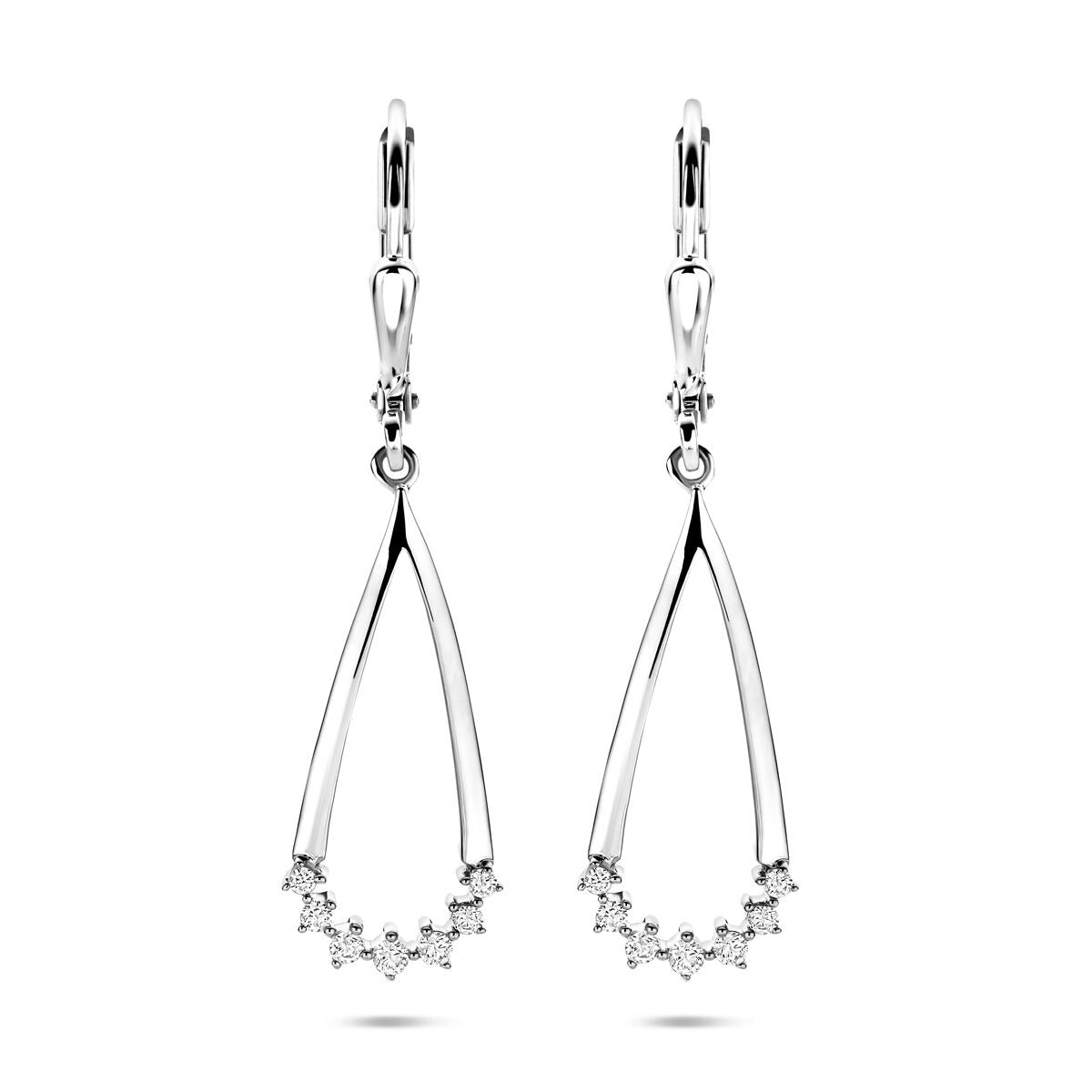 Pendientes largos de plata con circonitas, acabado rodiado y forma de gota.
