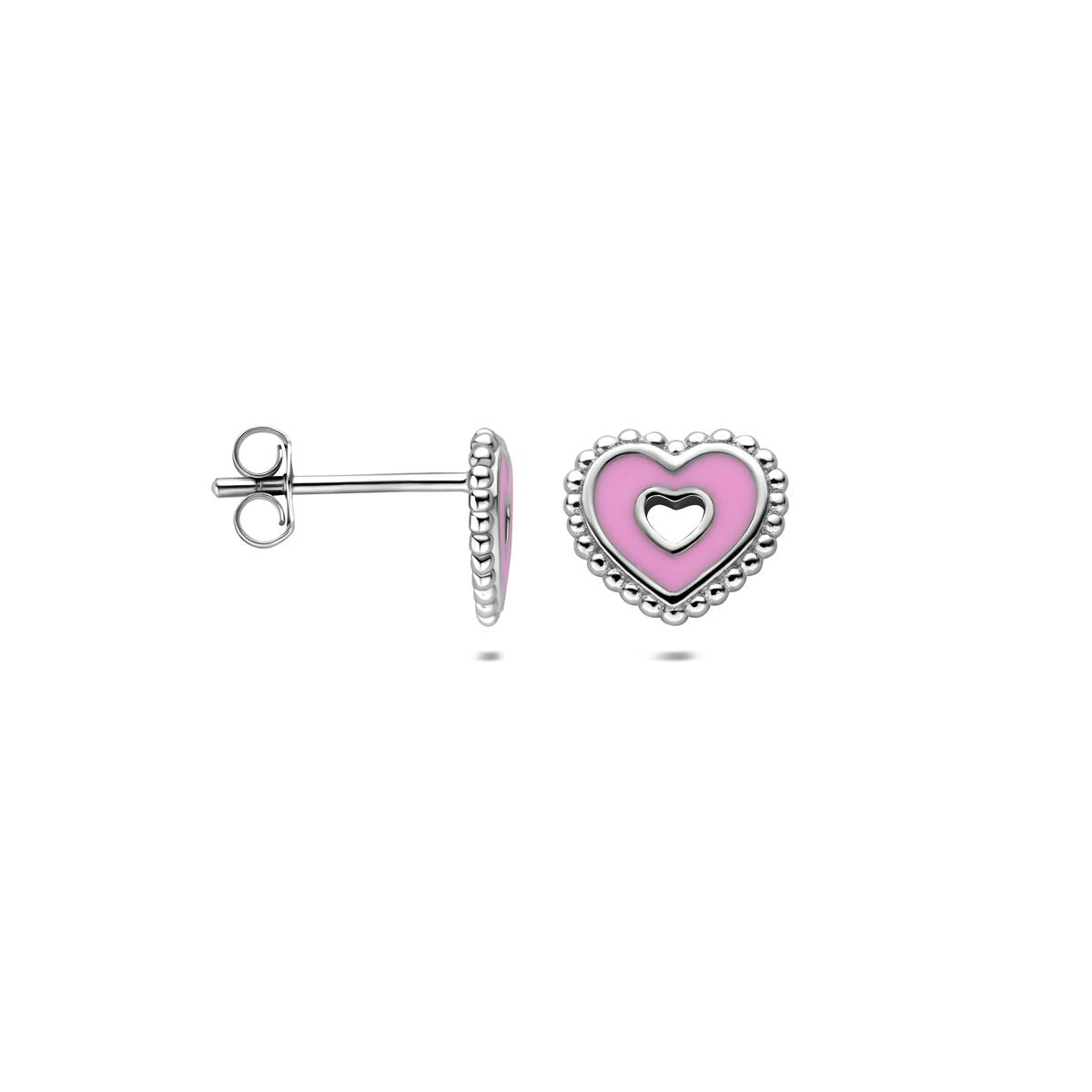 Pendientes de botón de plata en forma de corazón – joya infantil chapada en rodio 8,5 mm