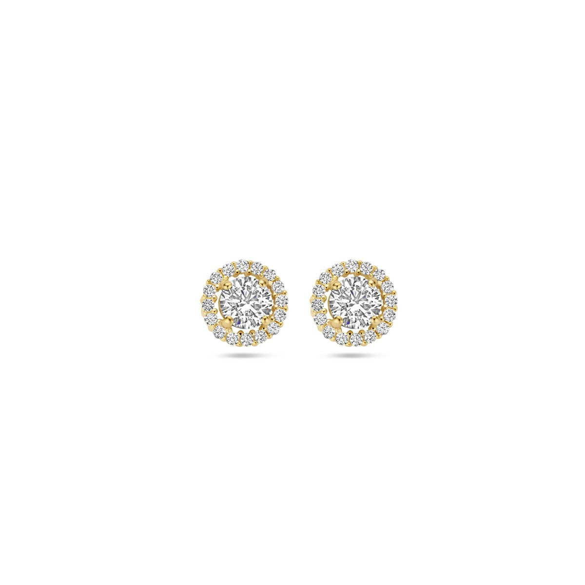Pendientes de oro amarillo de 9k con circonitas, en forma redonda y con un diseño brillante.