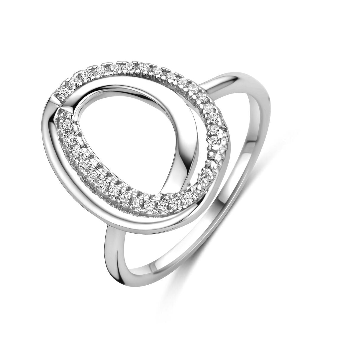 Anillo de plata para dama con diseño ancho de 16 mm y circonitas brillantes.
