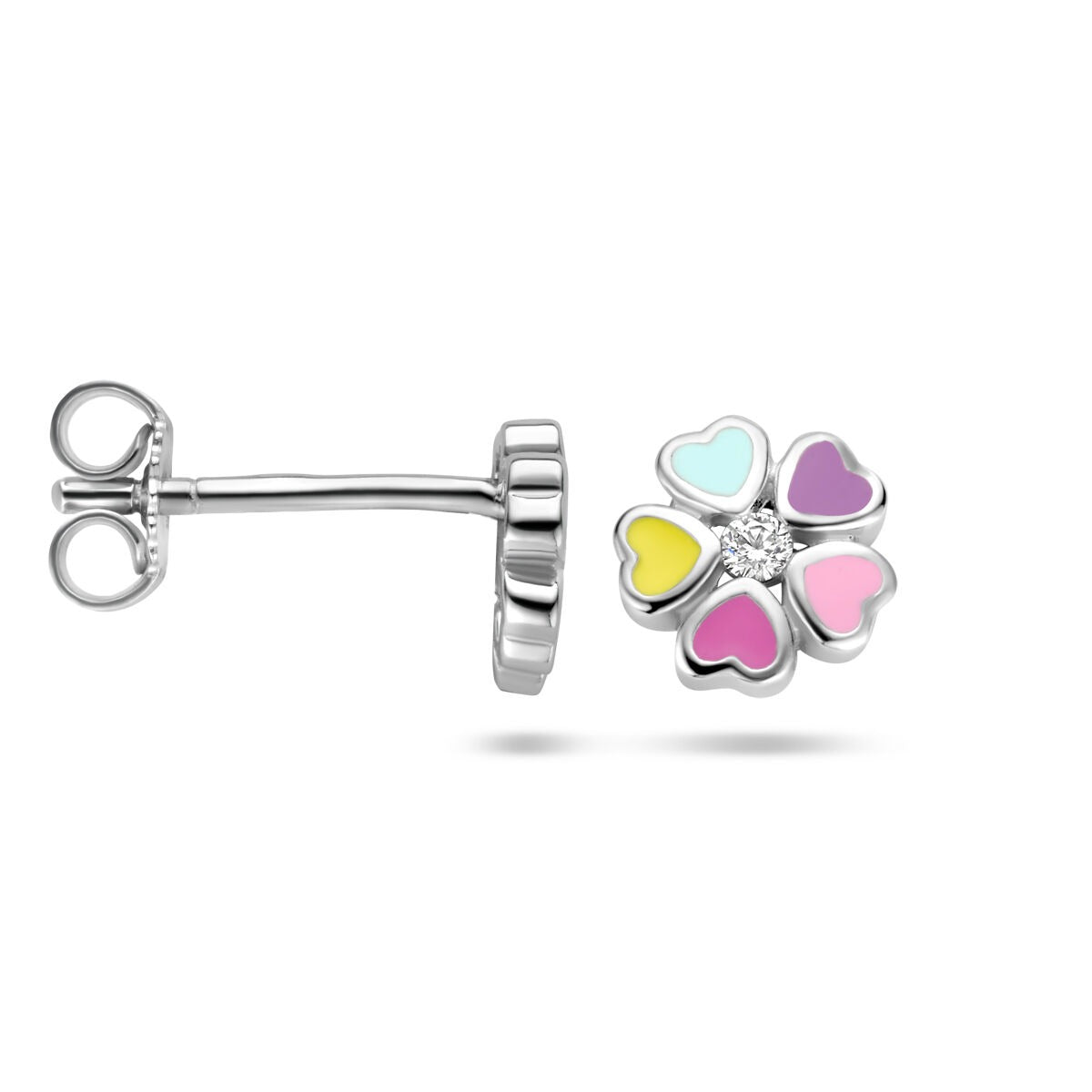 Pendientes de botón de plata rodiada con flor y circonitas