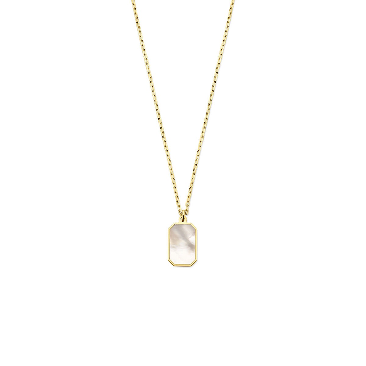 Geelgouden damescollier met een rechthoekige parelmoeren hanger aan een fijne schakelketting.