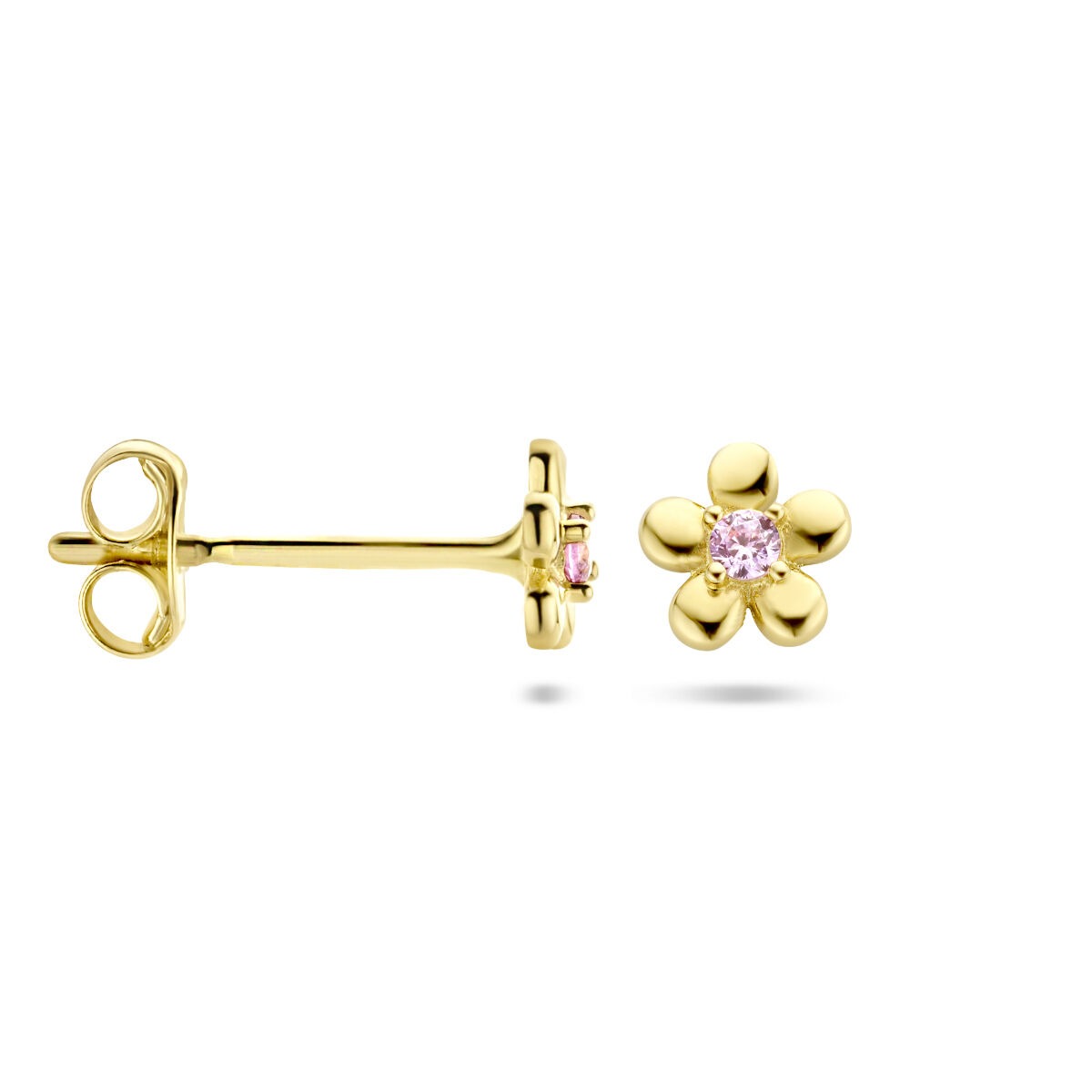 Pendientes infantiles de flor en oro amarillo de 14k con circonitas rosas
