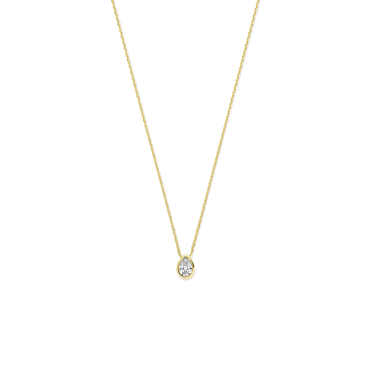 Geelgouden collier met een druppelvormige zirkonia hanger.