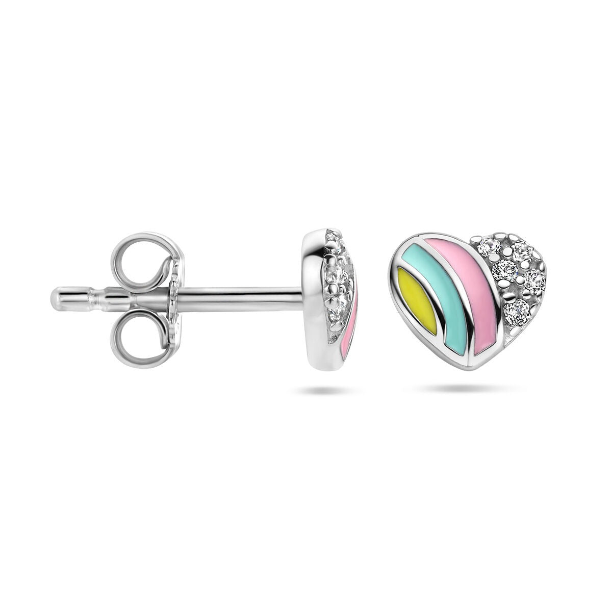 Pendientes de botón de plata rodiada en forma de corazón con circonitas