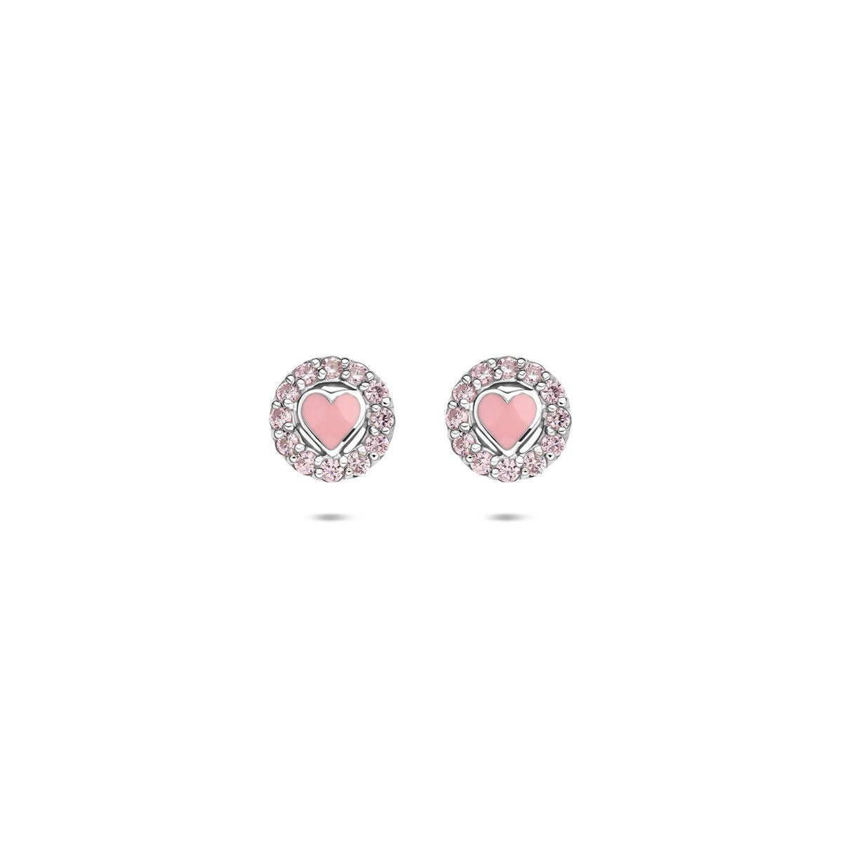 Pendientes de plata con corazón de esmalte rosa y circonitas, diámetro de 7 mm.