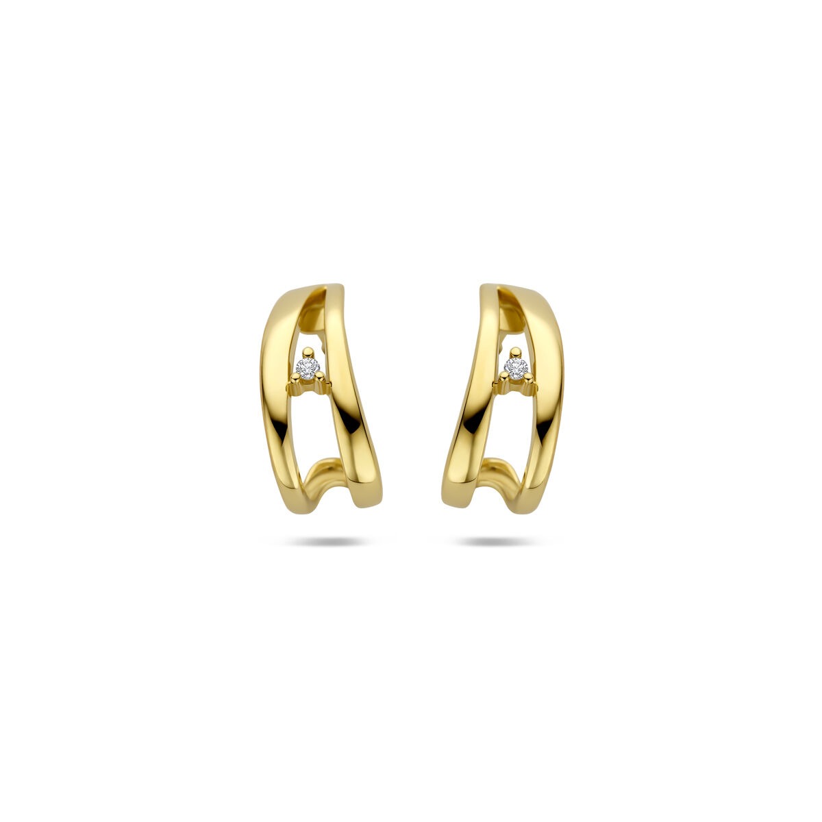 Pendientes de aro de oro amarillo de 14k con diamante, diseño moderno y acabado brillante.