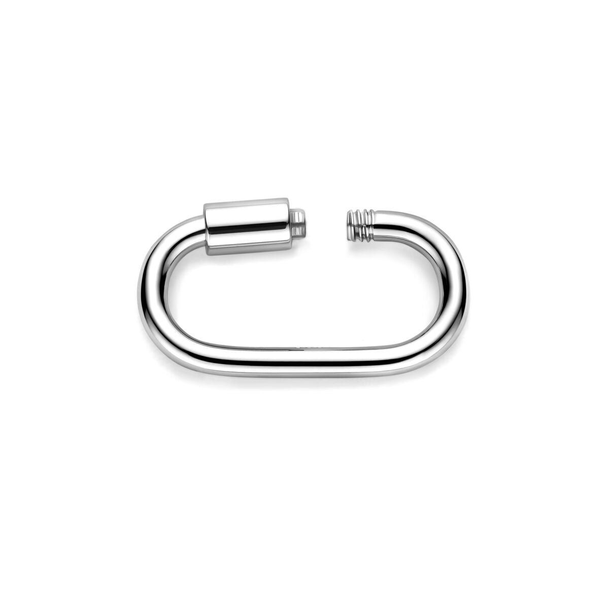 Conector de plata rodiada en forma ovalada con un extremo cilíndrico.