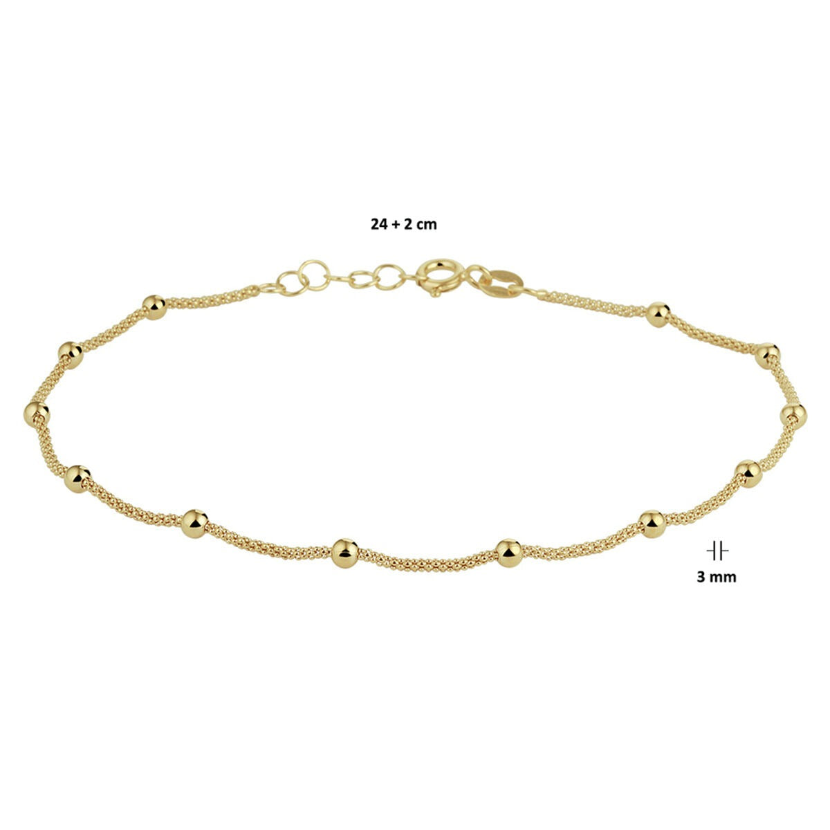 Anillo de tobillo chapado en oro de mujer – oro amarillo sobre plata 925 con bolitas de 3 mm