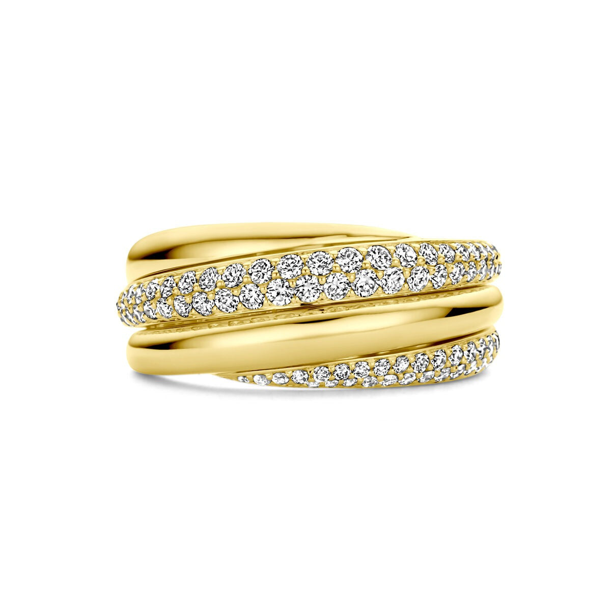 Anillo bicolor de oro de 14k con diamantes, 8 mm de ancho, diseño entrelazado.