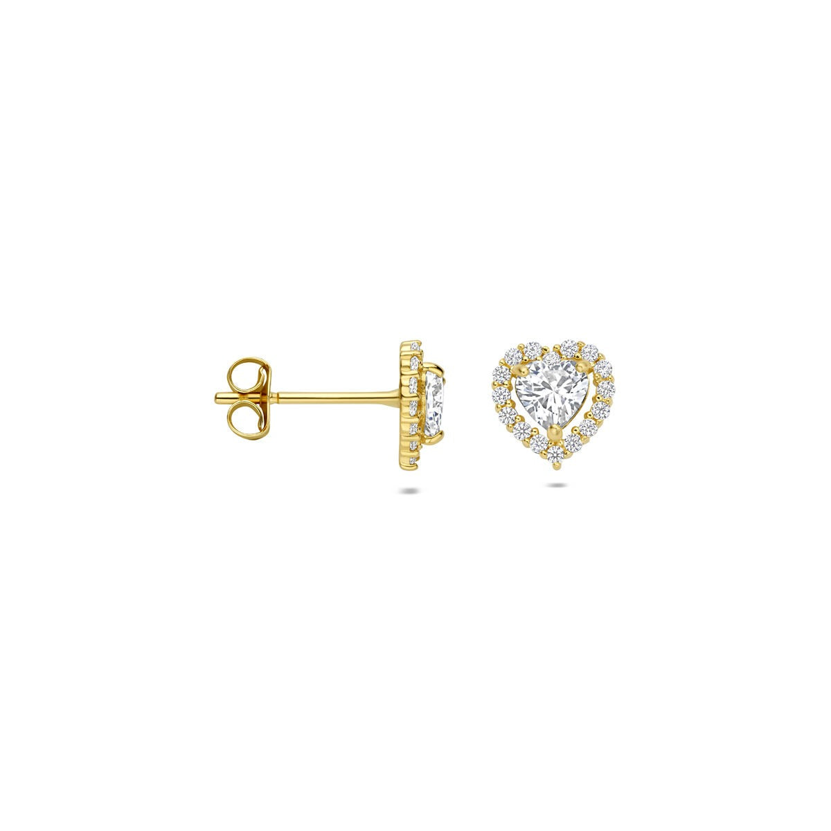Pendientes de botón de oro con corazón y circonitas – 14k, engaste de entorno