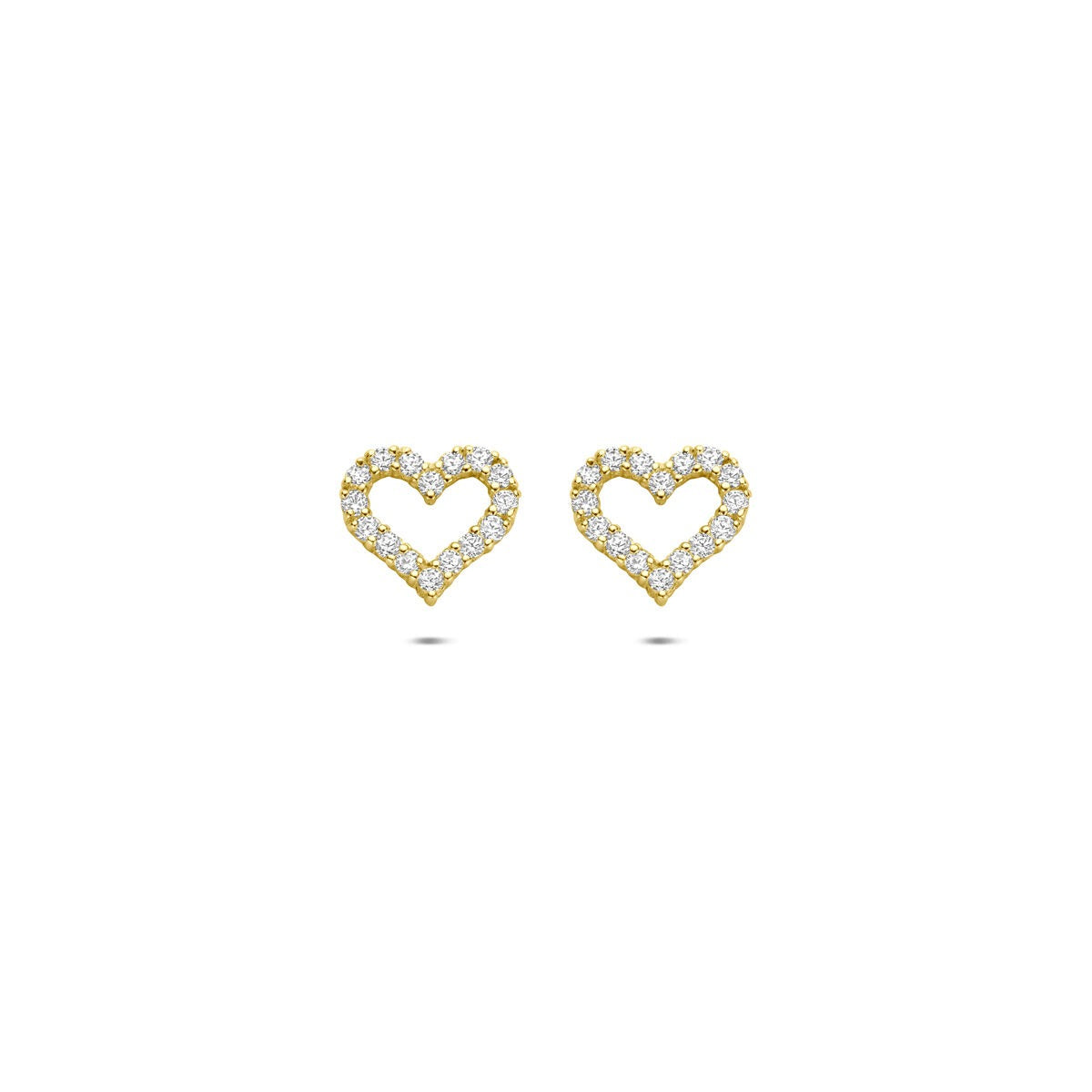 Pendientes de corazón en color dorado con circonitas, de 9 quilates.