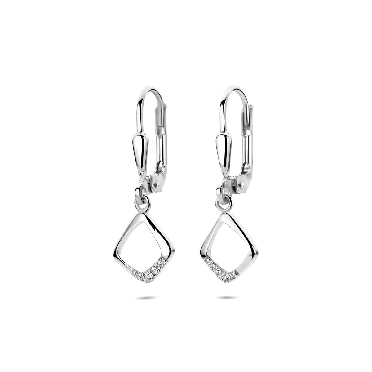 Pendientes largos de plata con zirconias en forma de rombo de 25 mm.