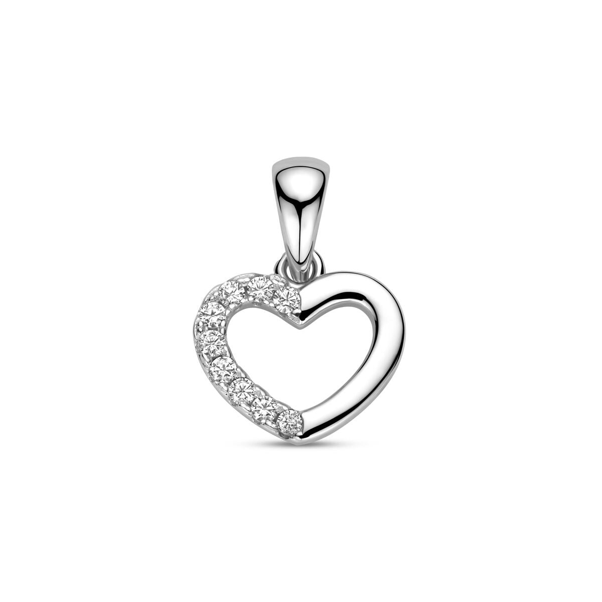 Colgante de corazón de plata con circonitas, acabado en plata de ley 925 rodiada.