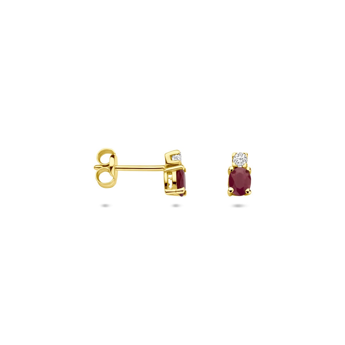 Pendientes de botón de oro amarillo con rubí y circonita – 6 x 3 mm
