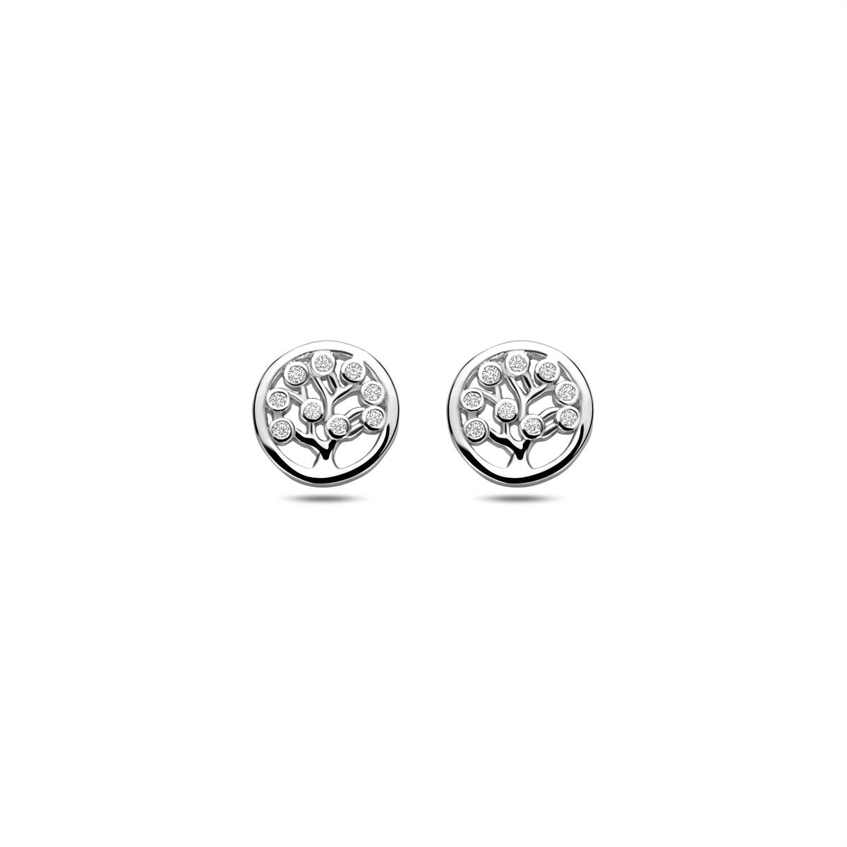 Pendientes de primera puesta de plata rodiada 925 con diseño de árbol y circonitas.