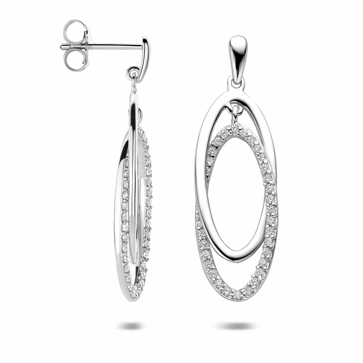 Pendientes de plata con circonitas - diseño ovalado rodiado 35 mm