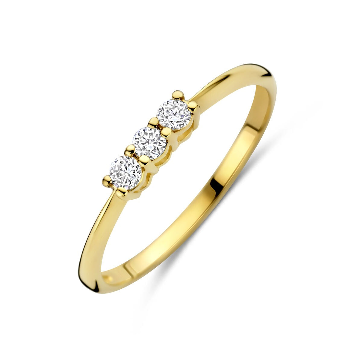 Anillo de oro amarillo de 14k con tres diamantes cultivados en laboratorio.