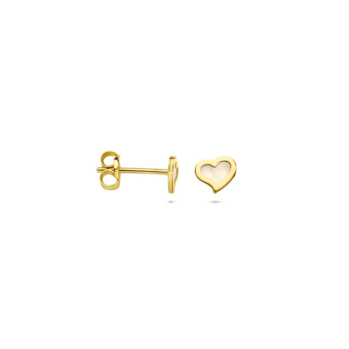 Pendientes de botón de oro amarillo en forma de corazón con nácar